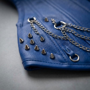 Blue PU Leather <b>Corset</b> With Silver Chains And Rivets Front Hook-and-Eye Back <b>Lace</b>-<b>Up</b> Design Women Shapewear - Product Image 6