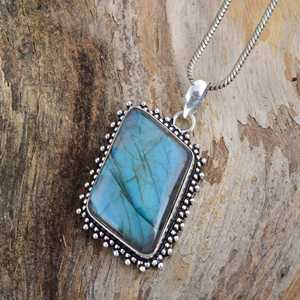 SHYAM JEWELRS Vintage 925 Sterling Silver Labradorite Pendant Necklace Bezel Setting Rectangle Natural Stone Snake <b>Chain</b> Blue - Product Image 4