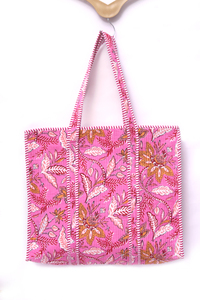 Bolso Tote de Algodón Acolchado Rosa para Mujer, Bolso Tote Floral Hecho a Mano, Bolso de Compras Ligero, Bolso de Hombro con Estampado de Bloques, Bolso de Viaje - Product Image 4