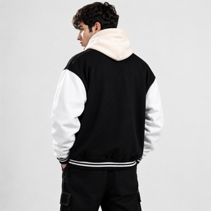 Vintage Knitted Fleece Varsity <b>Jacket</b> Polyester/Cotton Black <b>White</b> Contrast Color Letter Silk Screen Printed Button Closure <b>Men</b> - Product Image 4