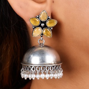 Wholesale <b>Oxidized</b> Silver Jhumka Earrings Onyx Stone Pearl Drop Ethnic Boho Jewelry for Women - Product Image 3