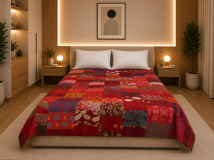 Couvre-lit réversible en coton patchwork bordeaux, écologique, taille Queen, vintage, artisanal, style bohème, textile héritage du Rajasthan - Product Image 3