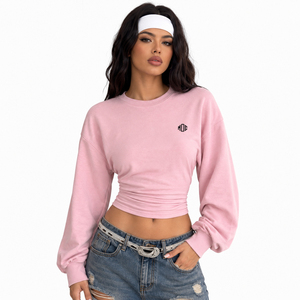 OEM Fashion <b>Top</b> Women's Ruched Waist <b>Cropped</b> Crewneck Sweatshirt Cotton Fleece Pink Long Sleeve Streetwear Hoodies Private Label - Product Image 1