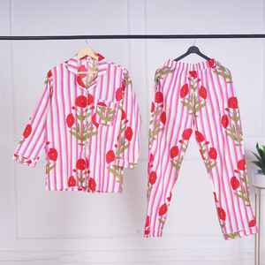 Conjunto de Pijama para Mujer con Estampado Floral y Rayas Verticales, Hecho a Mano, de Algodón, Ropa de Dormir Elegante, Camisa y Pantalones de Secado Rápido - Product Image 1