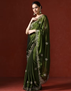 KV Green Embellished <b>Satin</b> Silk Sequined <b>Saree</b> With Unstitched Blouse - Product Image 6