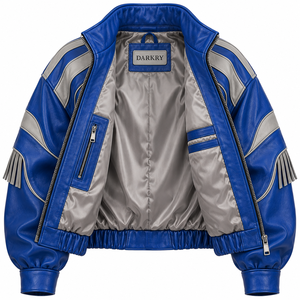 Biker Royal Blue Oversized <b>Leather</b> <b>Bomber</b> <b>Jacket</b> Grey Sleeve Stripe Fringe High Neck Elastic Hem Custom Wholesale Vendor - Product Image 5
