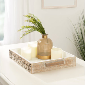 Bandeja Redonda de Madera Art Deco al por Mayor con Borde Tejido y Asas, Organizador Decorativo para Mesa del Hogar, Centro de Mesa - Product Image 3