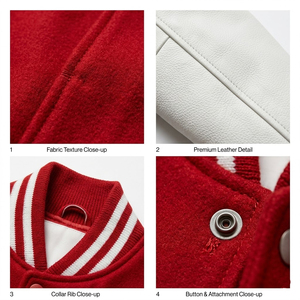 Chaqueta Universitaria de Wisconsin para Hombre, Roja y Blanca, con Mangas de Cuero PU, Bordada, Estilo Bomber, para Otoño, Uso Casual - Product Image 5
