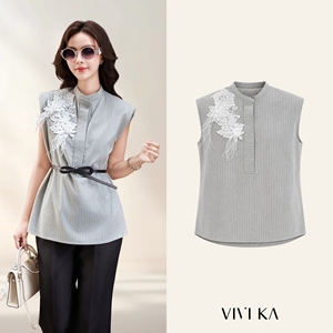 Women's Pinstripe Sleeveless Blouse Floral Lace Applique <b>Feather</b> Embellished Mandarin Collar Office <b>Top</b> Grey TRACY - Product Image 1