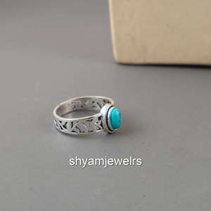 Natural Turquoise 925 Sterling Silver <b>Ring</b> | Vintage Filigree Cut-out Band | Handmade Bezel Set Oval Gemstone Gold Plated <b>Ring</b> - Product Image 3