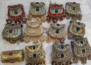 Fashion Women's Royal Emerald Kundan Embellished Bridal Clutch Hanging Latkan Tassels Rectangle Pearl Satin Magnetic Gifts - Product Image 3