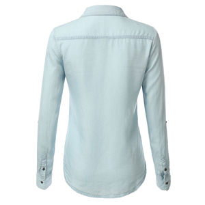 Chemisier en jean OEM à boutons, décontracté, à manches courtes, col rond, en coton respirant et fibre de bambou, haute qualité, printemps-été, pour femme, coupe ajustée - Product Image 3