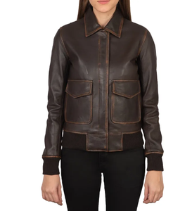 Chaqueta Bomber de Cuero Genuino para Mujer, Manga Larga, Cuello Camisero, Cierre de Cremallera, Bolsillos con Parches, Ropa de Otoño - Product Image 1
