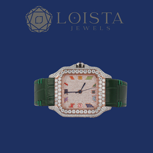 LOISTA Montre mécanique de luxe, boîtier rectangulaire en or blanc, lunette sertie de diamants, bracelet en cuir, cadran analogique, 38 mm, unisexe - Product Image 1