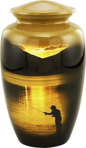 Urne funéraire en métal de luxe pour crémation, motif coucher de soleil, vente en gros, avec scène de pêcheur au lac et design artistique en émail poli - Product Image 5