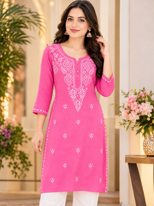 Premium Pink Georgette <b>Chikankari</b> Embroidered Straight Kurti - Authentic Lucknowi Fine Thread Work Women Festive Party Wear - Product Image 1