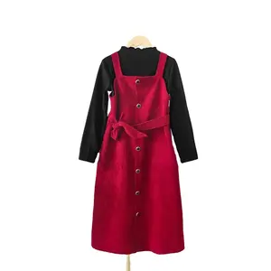 New arrival fall winter pure color long sleeve top belt corduroy suspender dress two piece kids baby girls clothing set