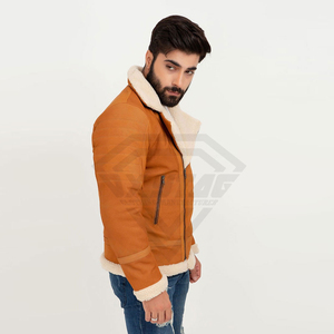 Custom Premium Men Brown Suede Shearling Jacket Luxury Faux Fur <b>Lined</b> Aviator Biker <b>Coat</b> Winter Warm Sheepskin Leather Outerwear - Product Image 3