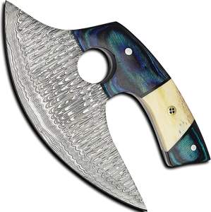 Forged Damascus Steel Alaskan Ulu Pizza Cutter <b>Knife</b> Bone and Wood Handle Leather <b>Sheath</b> Handmade OEM Professional Ambidextrous - Product Image 2