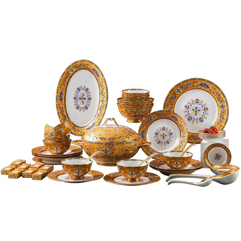 Embossed real gold porcelain luxury royal style wedding bone china dinnerware porcelain dinner set