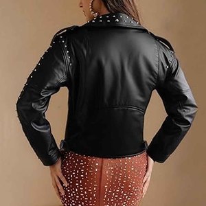 Women Studded Leather <b>Jacket</b> Black Motorcycle <b>Punk</b> Biker Style PU Genuine Leather OEM Custom Wholesale Supplier - Product Image 6