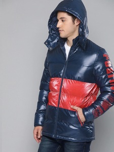 Men's Hooded Puffer Jacket Color Blocking PU Windproof Zipper Front Slim Fit Streetwear Winter Coat Red Blue Black - Product Image 4