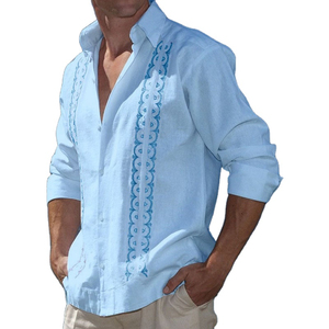 Chemise décontractée pour homme en coton blanc brodé, manches longues, col rabattu, broderie à la main, chemise en popeline respirante pour l'été - Product Image 2