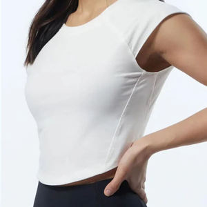 T-shirt minimaliste pour femme, blanc, à manches courtes, coupe classique, col rond, non tissé, respirant, écologique, séchage rapide, 100% coton - Product Image 4