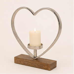 Luxury Silver Metal Heart Candle Holder With Rustic Solid Mango Wood Base Modern Romantic Pillar Tealight <b>Stand</b> For Wedding Use - Product Image 1