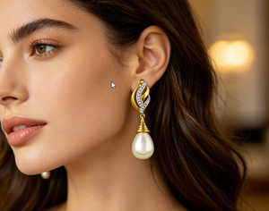 Pendientes colgantes chapados en oro de 18 quilates con perla sintética blanca y circonita cúbica con engaste en canal para mujer, estilo clásico de boda - Product Image 2