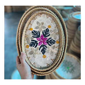 Bandeja de frutas de ratán hecha a mano con incrustaciones de nácar, accesorio de lujo ecológico para el hogar y decoración de interiores. - Product Image 3