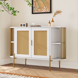 Elegante Credenza Curva a 2 Ante con Finiture Dorate e Porte in Rattan Intrecciato per Sala da Pranzo e Collezioni di Stoviglie - Product Image 1
