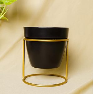 Modern Black Flower Pot With Gold Plated Metal Stand Minimalist Indoor <b>Plant</b> Planter For Desktop Use - Product Image 1