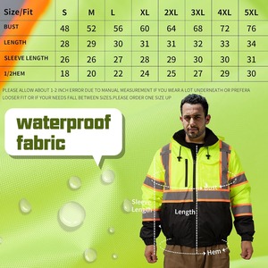 High Visibility Hooded Work <b>Jacket</b> Men's <b>Waterproof</b> Reflective Striped Zip Up <b>Winter</b> Safety Coat - Product Image 2