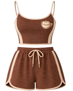Coffee Brown Beige Women Camisole And Shorts <b>Set</b> Summer Two Piece Outfit Cotton Blend Crop Top Embroidery Drawstring Shorts - Product Image 1