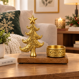 Objet décoratif de Noël en laiton avec étoile sur le dessus et bol floral sur base en bois, décoration de table pour la maison et l'hôtel - Product Image 2