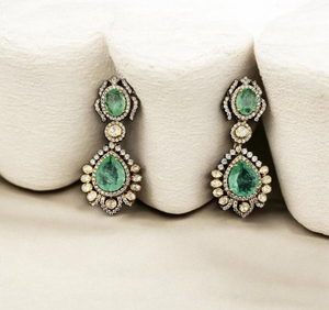 Gold Plated Green Stone Ear <b>Tops</b> with CZ Polki, Traditional Indian <b>Earrings</b> for Women, Bridal Jewelry - Product Image 3