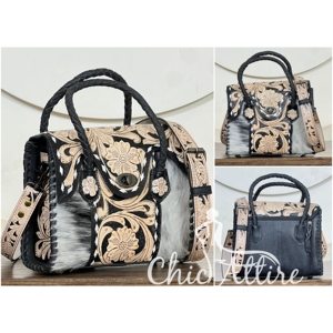 Bolso de mano mini tipo satchel de cuero repujado de vaca hecho a mano estilo occidental 2026 para mujer, con diseño floral grabado, bandolera y bolso tote de piel con pelo. - Product Image 1