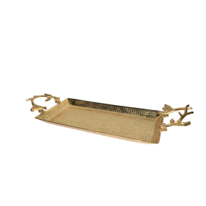Plateau de service rectangulaire en aluminium avec poignées en forme de branche dorée, plateau décoratif en métal martelé pour centre de table basse - Product Image 1