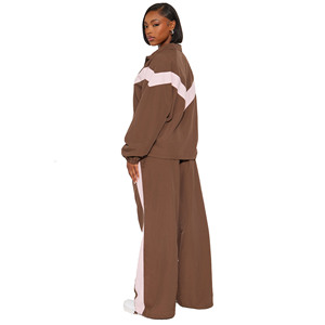 Men's Brown Color Blocking Track Suit <b>Set</b> Casual <b>Knitted</b> Breathable Autumn Wear Turn-down Collar Jogging Sportswear - Product Image 1