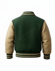 Blouson Bomber Unisexe Personnalisable Lettre R Vert & Beige Style Letterman avec Patch Chenille Logo Avant Imperméable pour Branding d'Équipes - Product Image 2