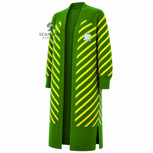 Chi Eta Phi Women's Longline Open Front <b>Cardigan</b> Green Yellow Striped Ribbed Cuffs Embroidered Duster <b>Sweater</b> With Side Slits - Product Image 3