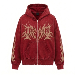 Red Distressed <b>Zip</b> <b>Up</b> <b>Hoodie</b> Men Oversized Streetwear <b>Graphic</b> Fleece Sweatshirt Custom Casual Fashion Jacket - Product Image 6