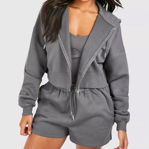 Ensemble 2 pièces short et sweat à capuche en molleton 100 % coton pour femme, coupe oversize, épaules tombantes, manches courtes, longueur au-dessus du genou, avec ceinture et fermeture éclair – Vente en gros - Product Image 3