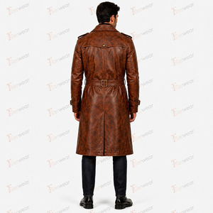 <b>Men's</b> <b>Brown</b> Leather Breathable <b>Trench</b> <b>Coat</b> with Belt Turn-down Collar Double Breasted Design Fashion Streetwear Custom OEM - Product Image 4