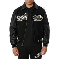 Blouson bomber noir pour homme Avirex, manches en cuir véritable, logo brodé, fermeture éclair coupe-vent, col rabattable, toile