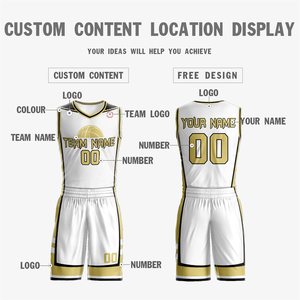 Conjunto de Uniforme de Baloncesto Sublimado Personalizado, Blanco y Dorado, Nombre del Equipo, Número, Cuello en V, Sin Mangas, Malla Transpirable, Unisex para Adultos - Product Image 3