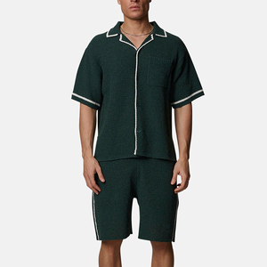 Conjunto de Pijama Oxford de Algodón Verde Oscuro para Hombre, Manga Corta, Botones al Frente, Pantalones Cortos, Transpirable, Color Sólido, Tejido de Tela - Product Image 6
