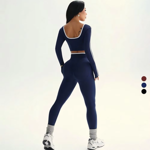 Conjunto Deportivo de Dos Piezas para Mujer, Top y Pantalones de Yoga en Colores Contrastantes, Transpirable, Manga Larga, Cintura Alta, Levanta Glúteos - Product Image 5