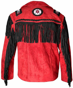 High Quality Men <b>Red</b> & Black Fringe Leather <b>Jacket</b> Vintage Western Boho Style Handmade Custom Color Bulk Order Manufacturer - Product Image 2